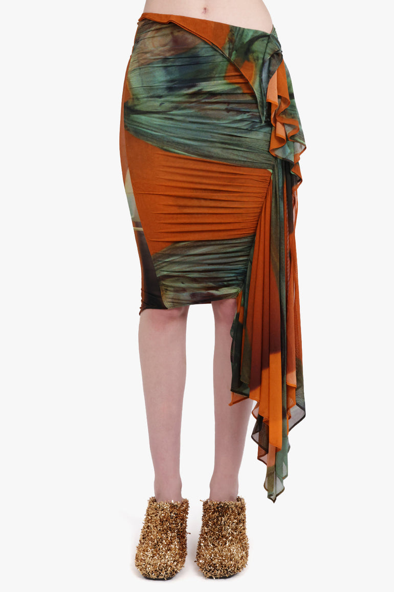 MUGLER SKIRTS Archive Print Mesh Asymmetric Midi Skirt | Orange/Green