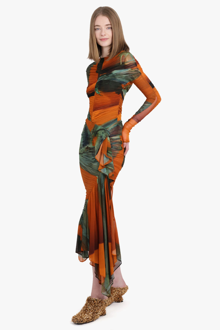 MUGLER SKIRTS Archive Print Mesh Asymmetric Midi Skirt | Orange/Green