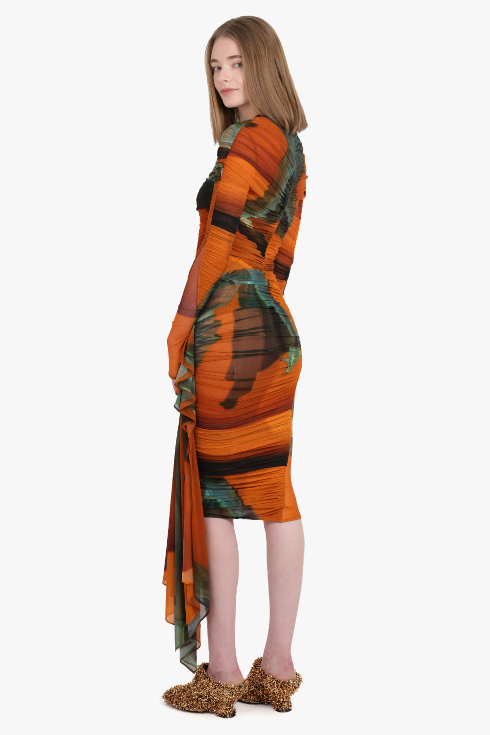 MUGLER SKIRTS Archive Print Mesh Asymmetric Midi Skirt | Orange/Green