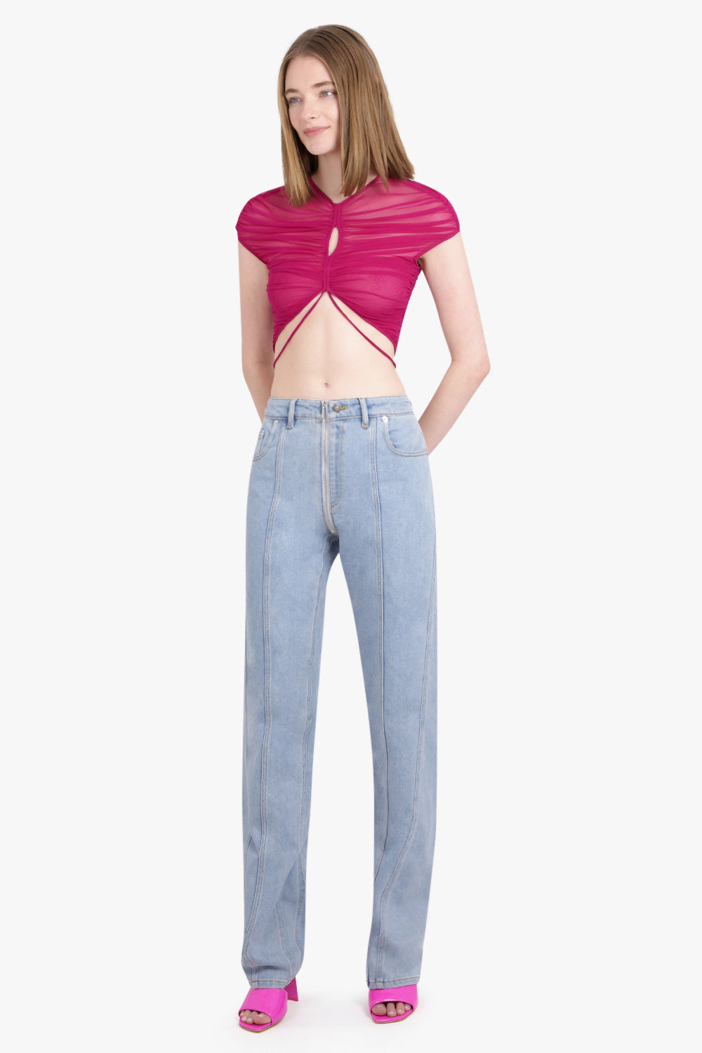 MUGLER RTW FRONT ZIP DETAIL DENIM PANTS | LIGHT BLUE