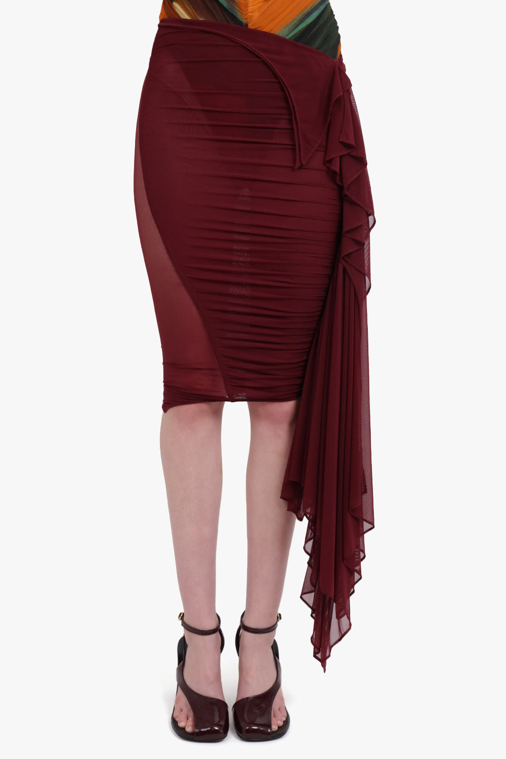 MUGLER SKIRTS Mesh Asymmetric Midi Skirt | Vampire Red