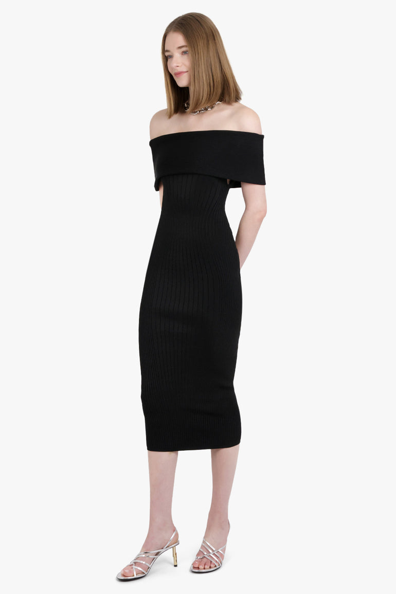 MUGLER DRESSES Off Shoulder Sculpting Knit Midi Dress | Black