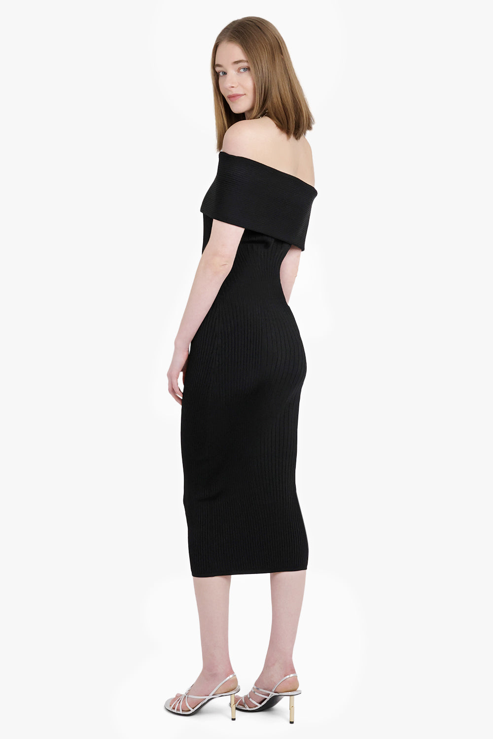 MUGLER DRESSES Off Shoulder Sculpting Knit Midi Dress | Black