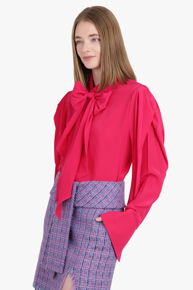 NINA RICCI RTW Crepe De Chine Neck-Tie Puff Sleeve Shirt | Fuschia