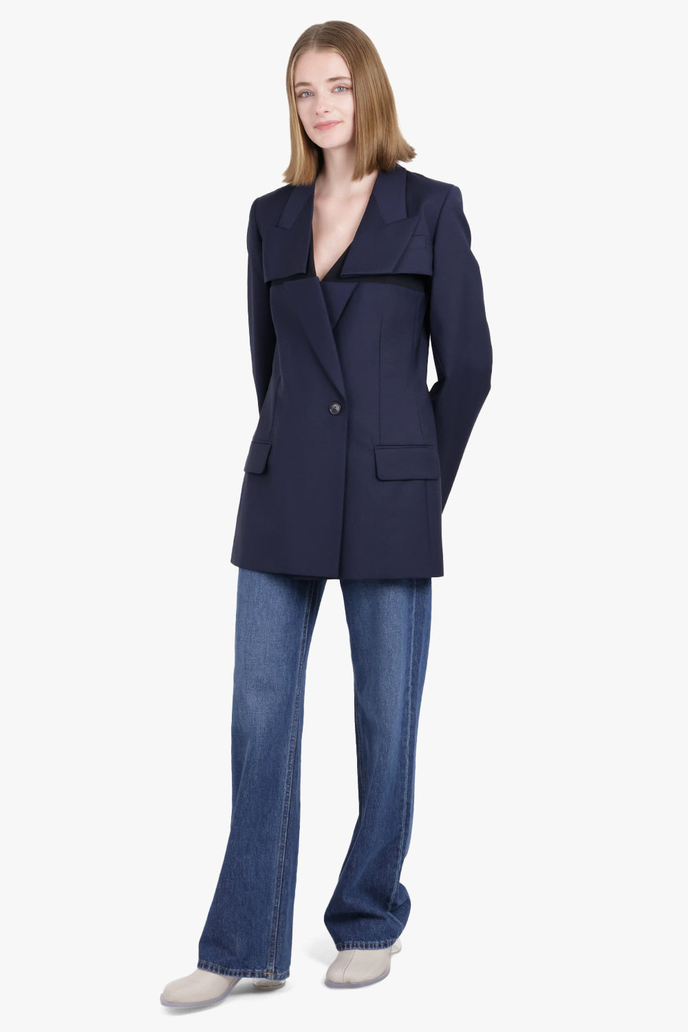 NINA RICCI RTW DECONSTRUCTED TAILORED BLAZER NAVY