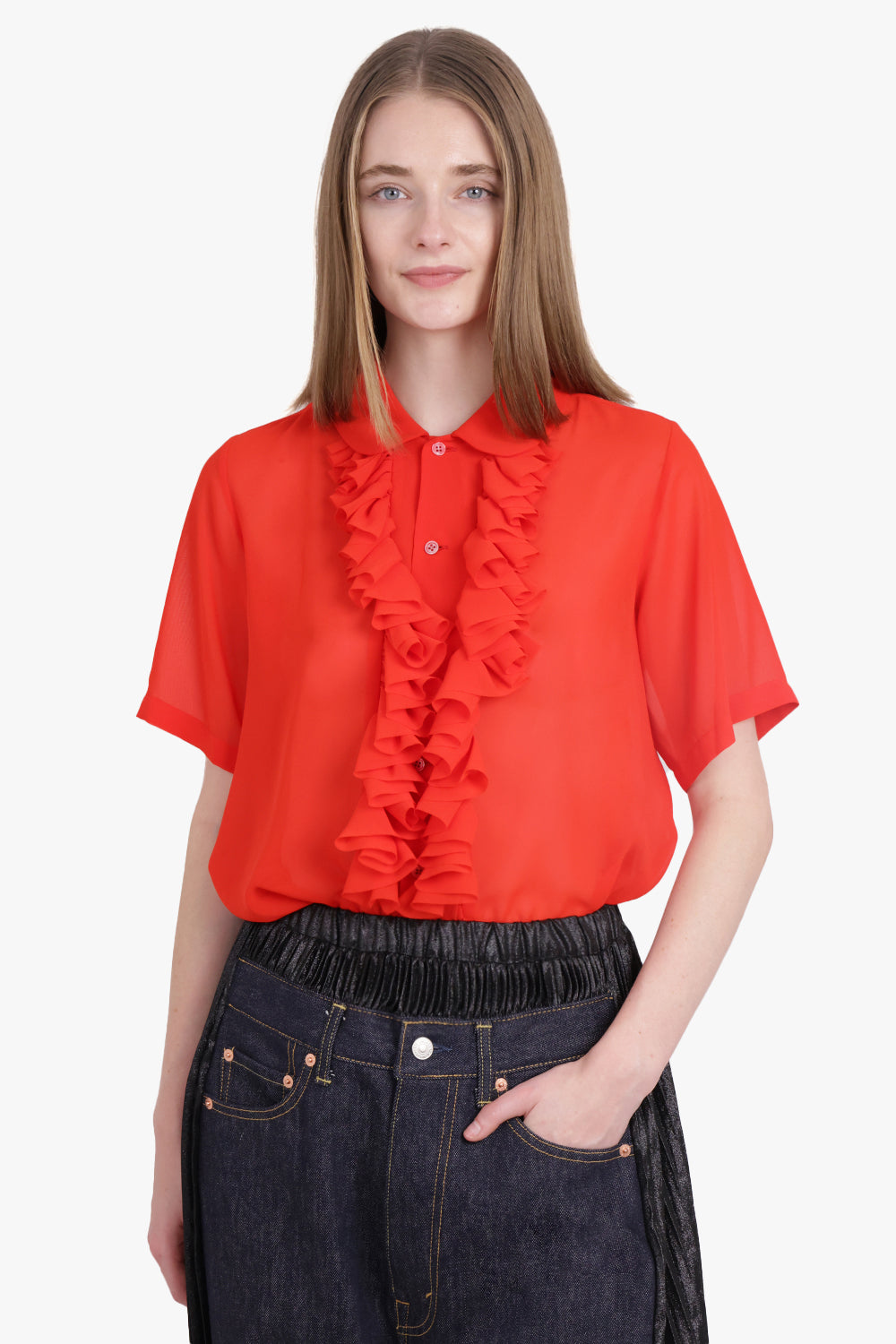 NOIR KEI NINOMIYA RTW Sheer Ruffle Detail S/S Shirt | Red