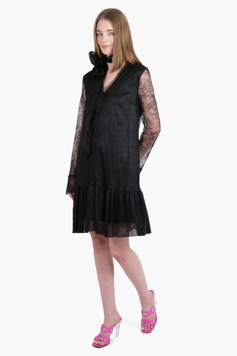 NINA RICCI RTW V-Neck Ruffle Lace Dress | Black