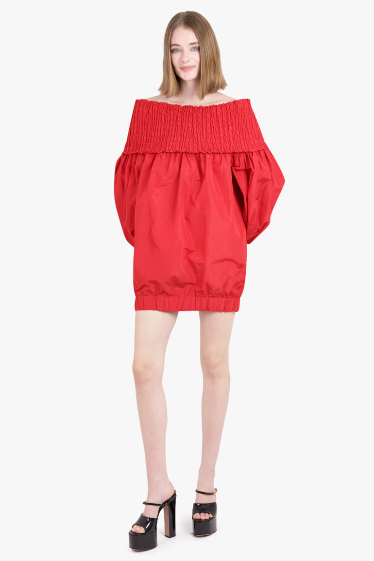 PATOU RTW Off-the-Shoulder Smock Mini Dress in Eco-friendly Faille | Lipstick Red