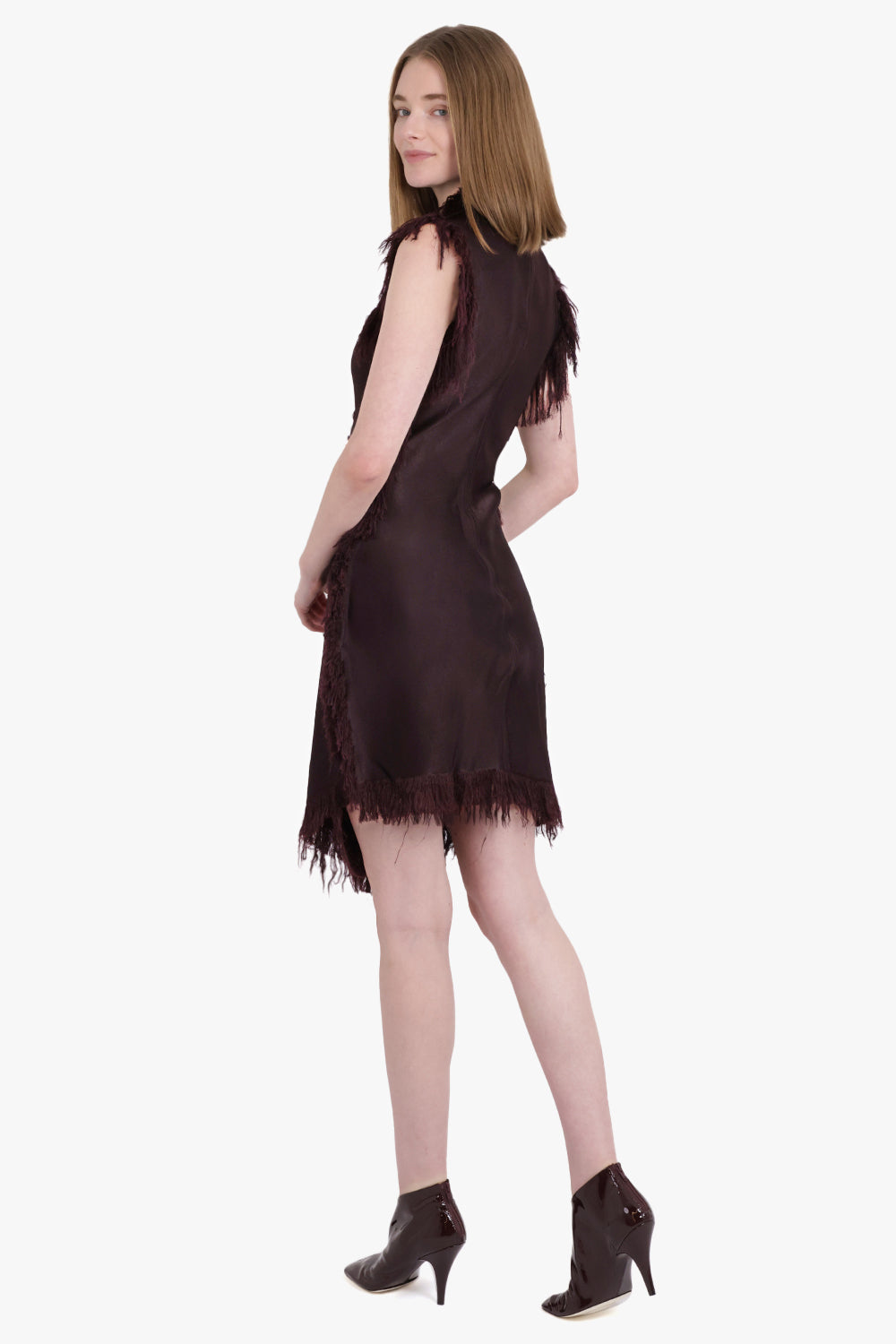 PHOEBE PHILO RTW Ravaged Fringe Detail Mini Dress | Rich Brown