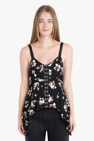 PROENZA SCHOULER RTW BLOSSOM PRINT EYELET A-LINE TOP BLACK