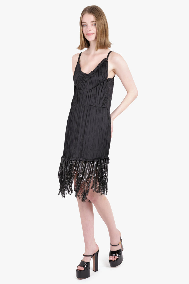 RABANNE RTW RUCHED FRINGE MINI DRESS | BLACK