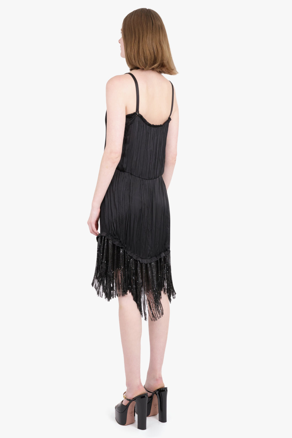 RABANNE RTW RUCHED FRINGE MINI DRESS | BLACK