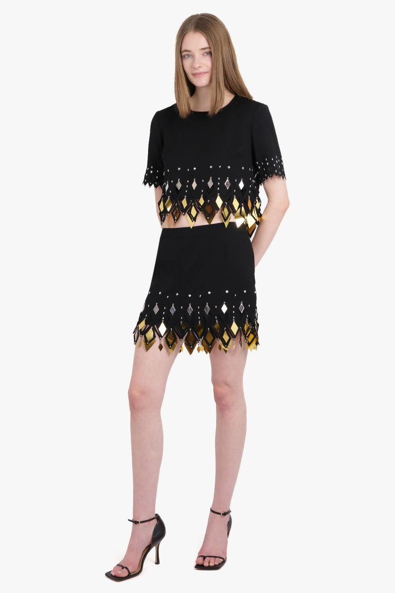 RABANNE RTW Crepe Mini Skirt with Diamond-Shaped Assembly | Black