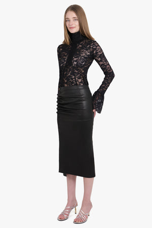 RABANNE RTW Leather Asymmetric Ruched Midi Skirt | Black