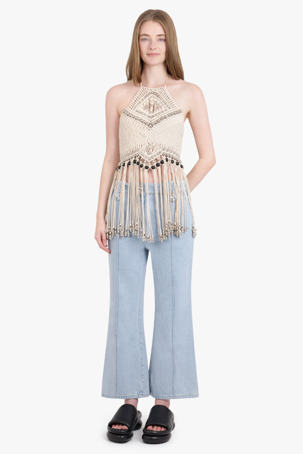 RABANNE RTW MACRAME FRINGED HALTER CROPPED TOP | NATURAL