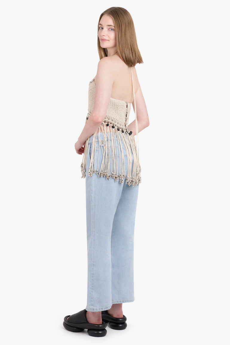 RABANNE RTW MACRAME FRINGED HALTER CROPPED TOP | NATURAL