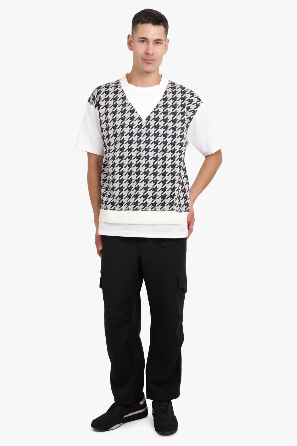 COMME DES GARCONS HOMME RTW Layered S/S T-Shirt/Houndstooth Knit | White/Black