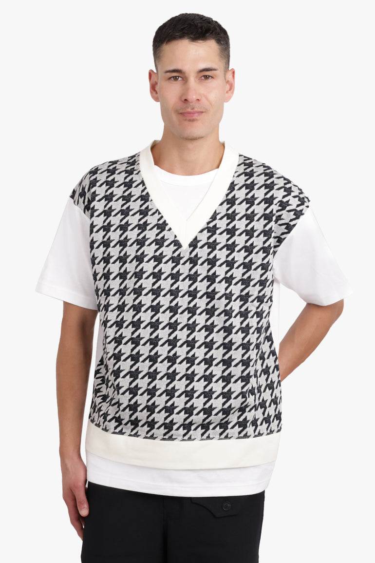 COMME DES GARCONS HOMME RTW Layered S/S T-Shirt/Houndstooth Knit | White/Black