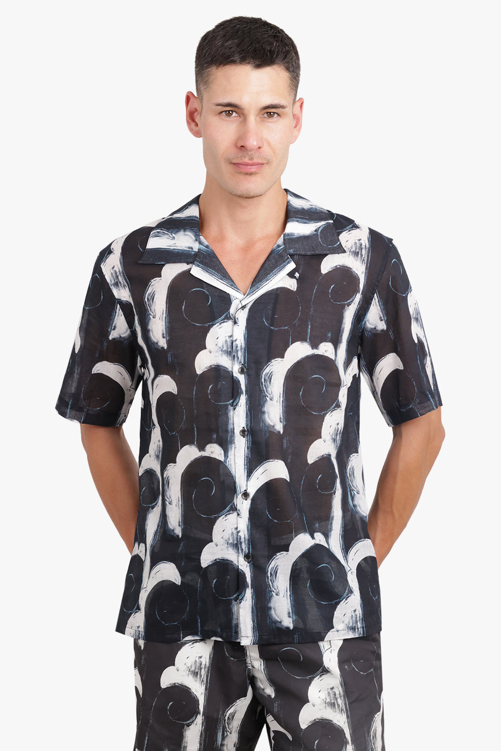 COMMAS RTW Camp Collar Abstract Print S/S Shirt | Black/White