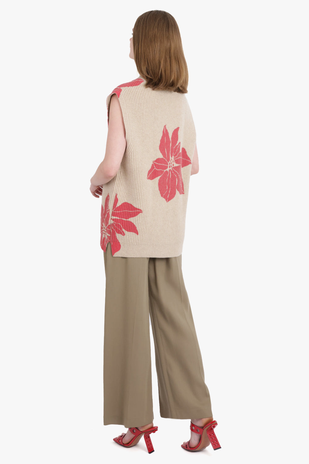 JW ANDERSON RTW Floral Print V-Neck Vest Knit | Oatmeal/Red