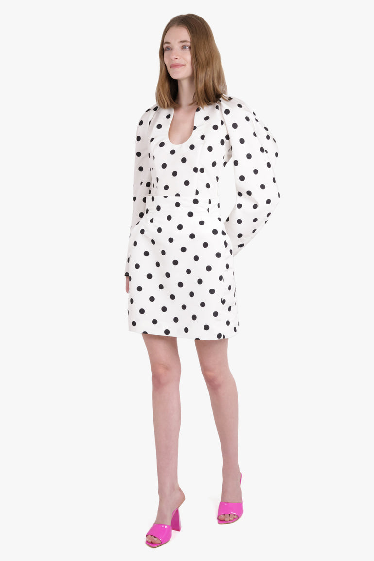 NINA RICCI RTW Polka Dot Print L/S Sweetheart Neckline Top | White/Black