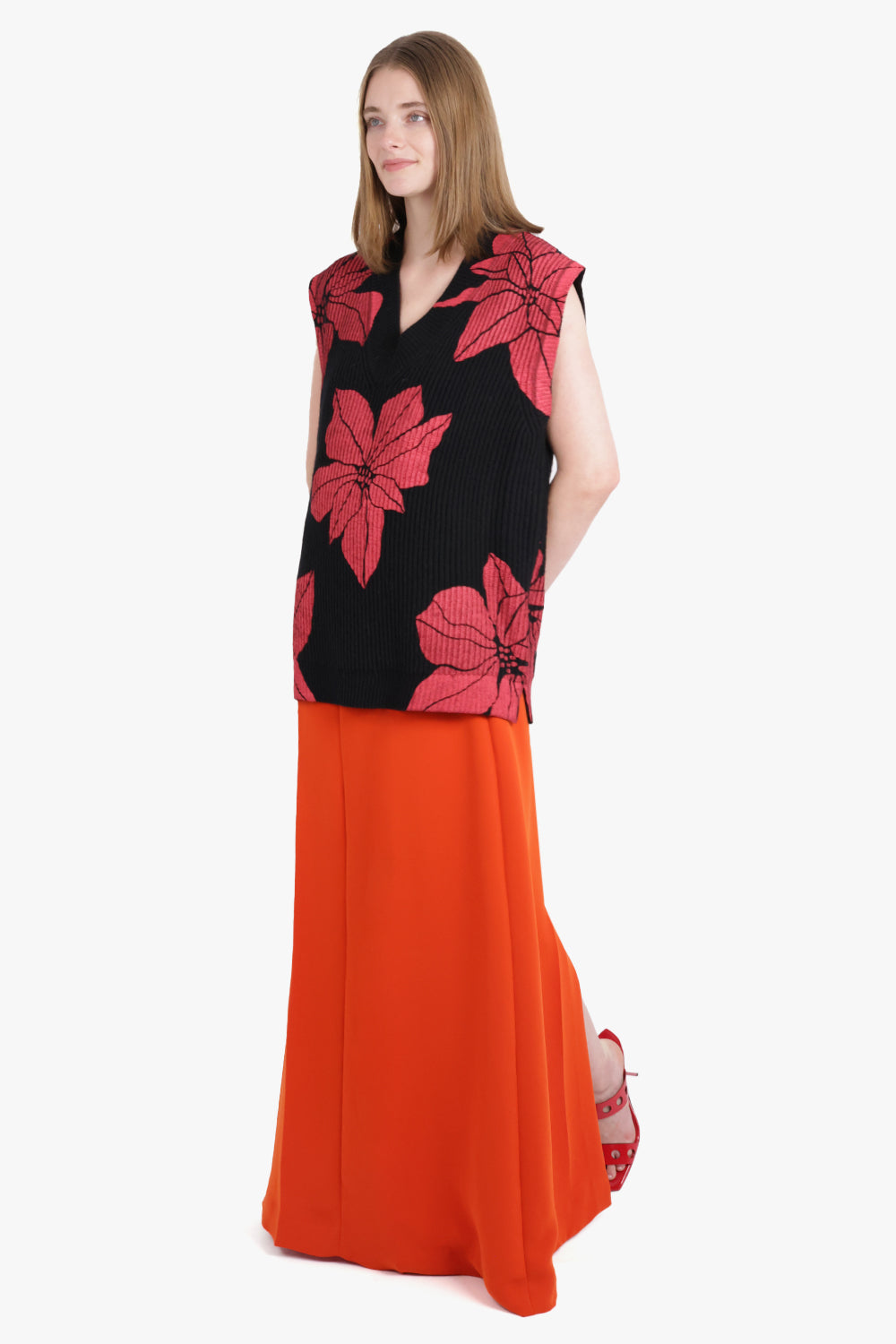 PLAN C RTW Long Line Maxi Skirt | Lobster Orange