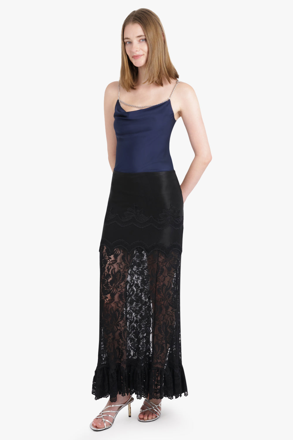 RABANNE RTW Lace Maxi Skirt With Ruffle Detail | Black