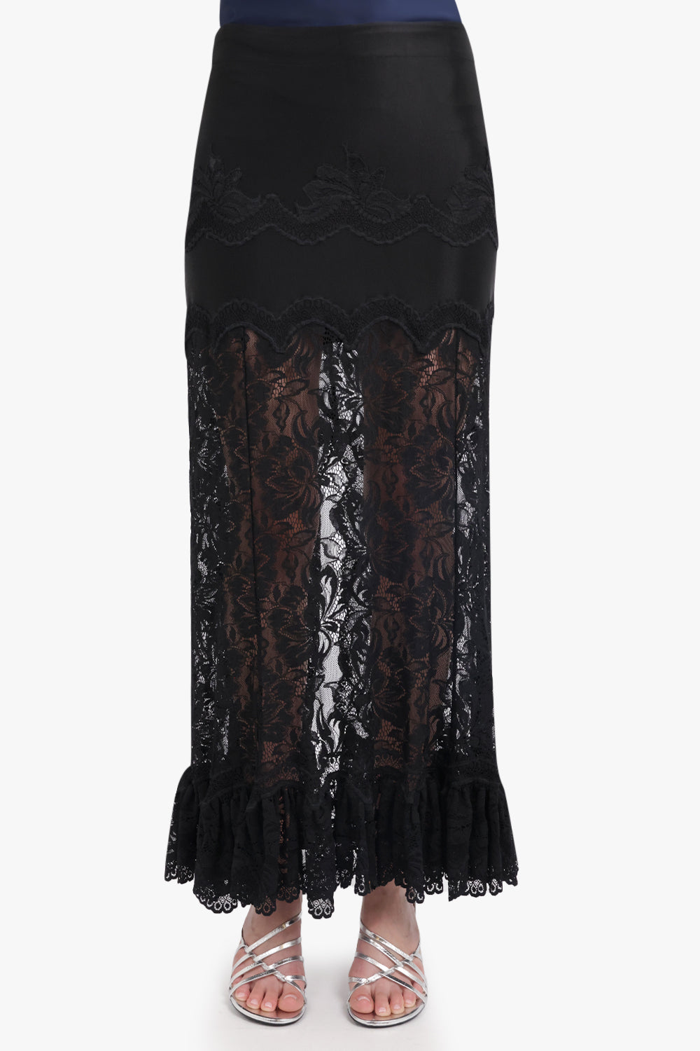 RABANNE RTW Lace Maxi Skirt With Ruffle Detail | Black