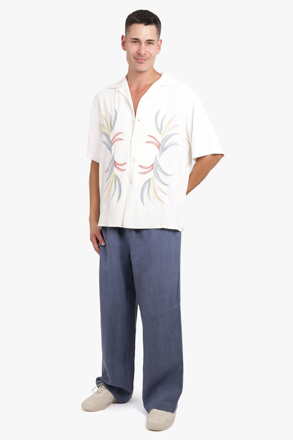 COMMAS RTW Palm Embroidered Camp Collar S/S Shirt | Off White/Multi