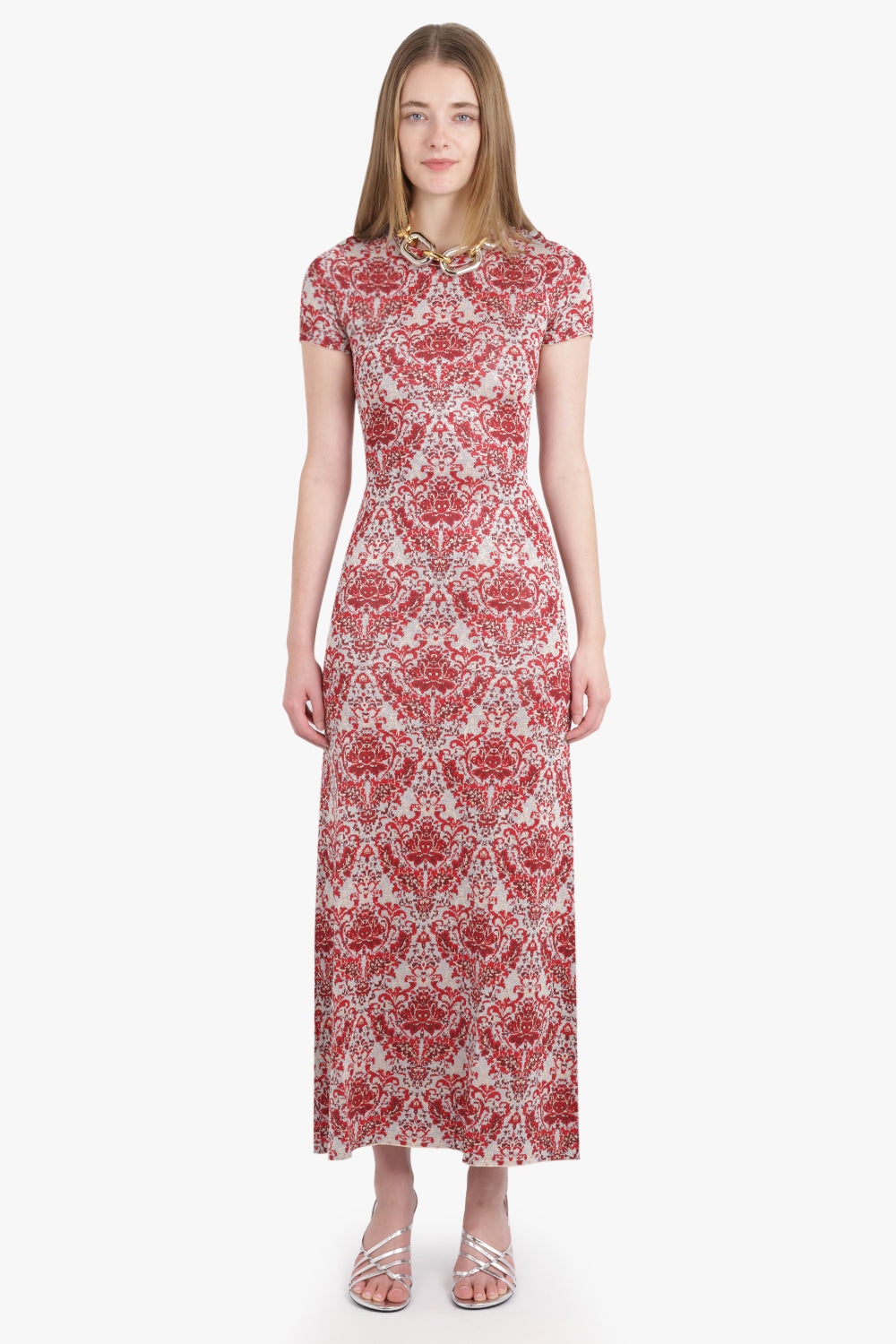 RABANNE RTW Geo Paisley Print S/S Maxi Dress | Red/Silver