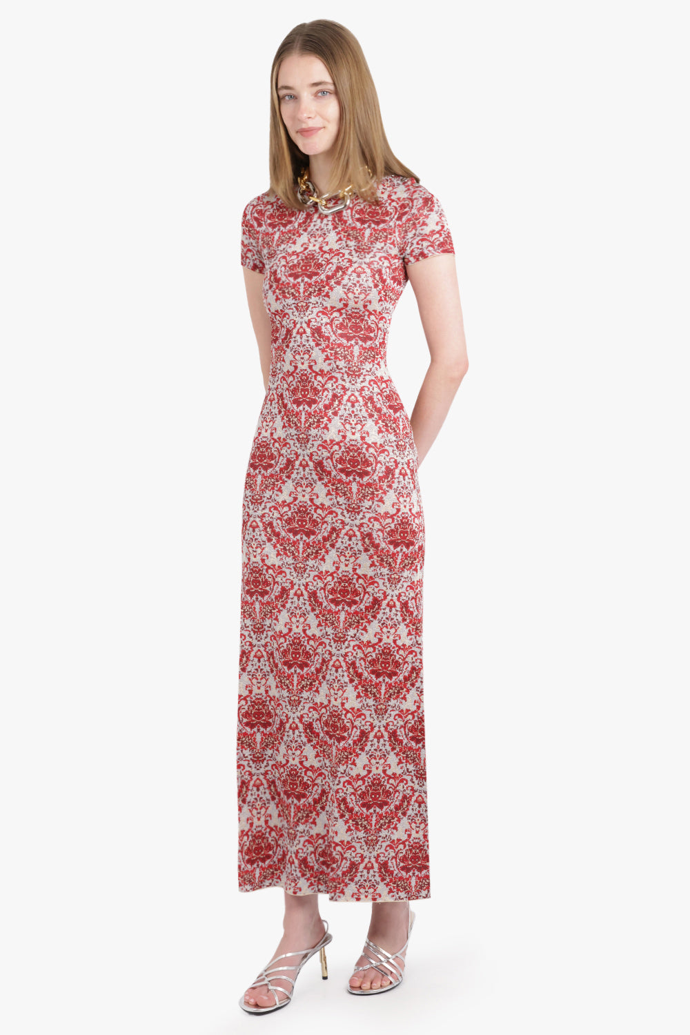 RABANNE RTW Geo Paisley Print S/S Maxi Dress | Red/Silver