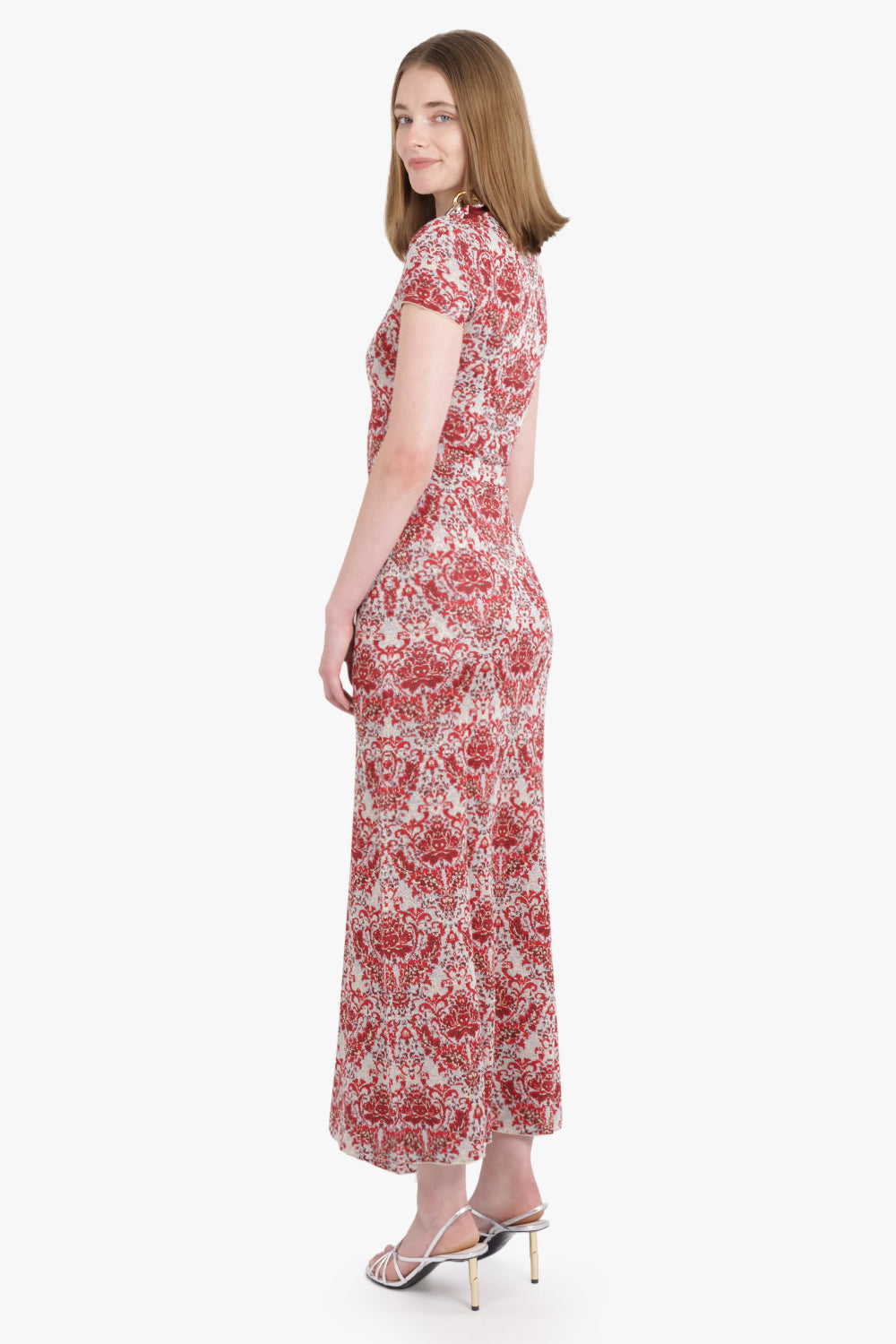 RABANNE RTW Geo Paisley Print S/S Maxi Dress | Red/Silver