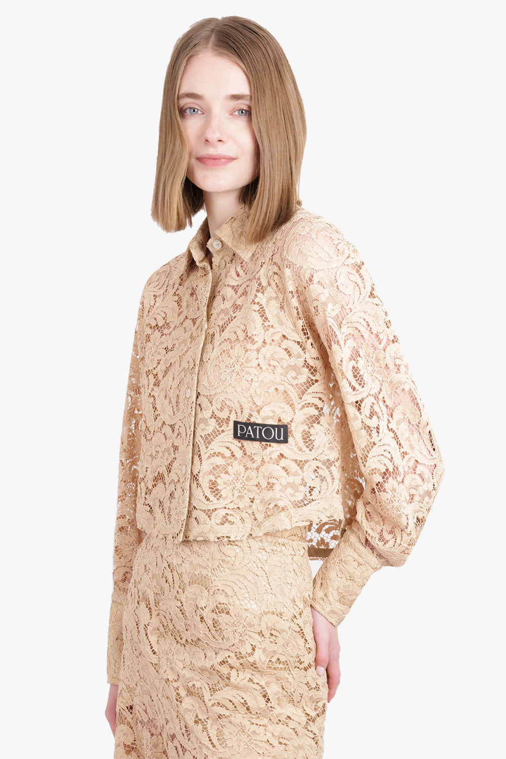 PATOU RTW Lace Cropped L/S Shirt | Sand Beige