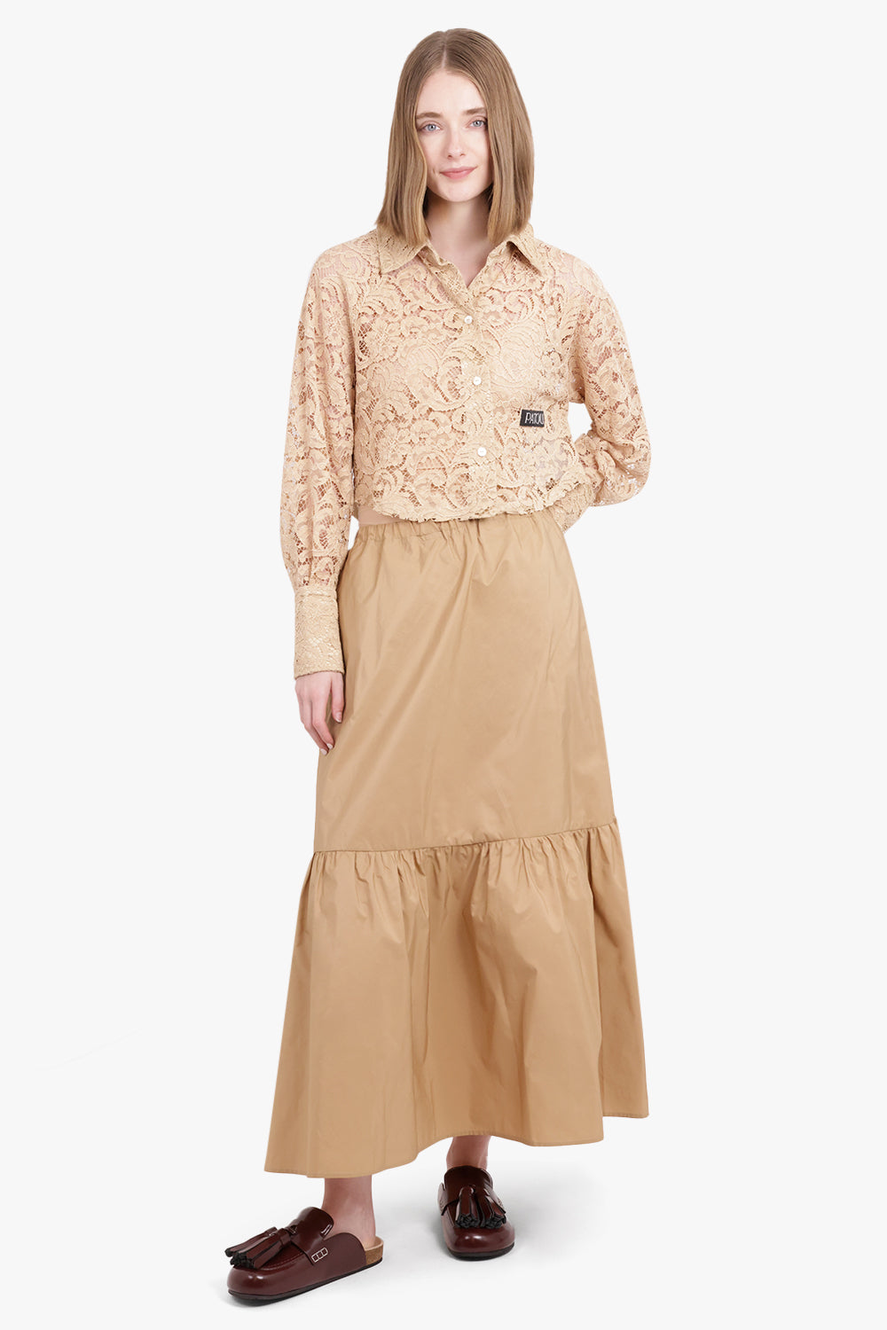 PATOU RTW Lace Cropped L/S Shirt | Sand Beige