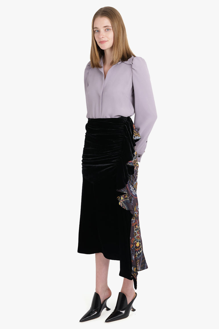 ETRO RTW Draped Velvet Contrast Floral Print Midi Skirt | Black/Multi