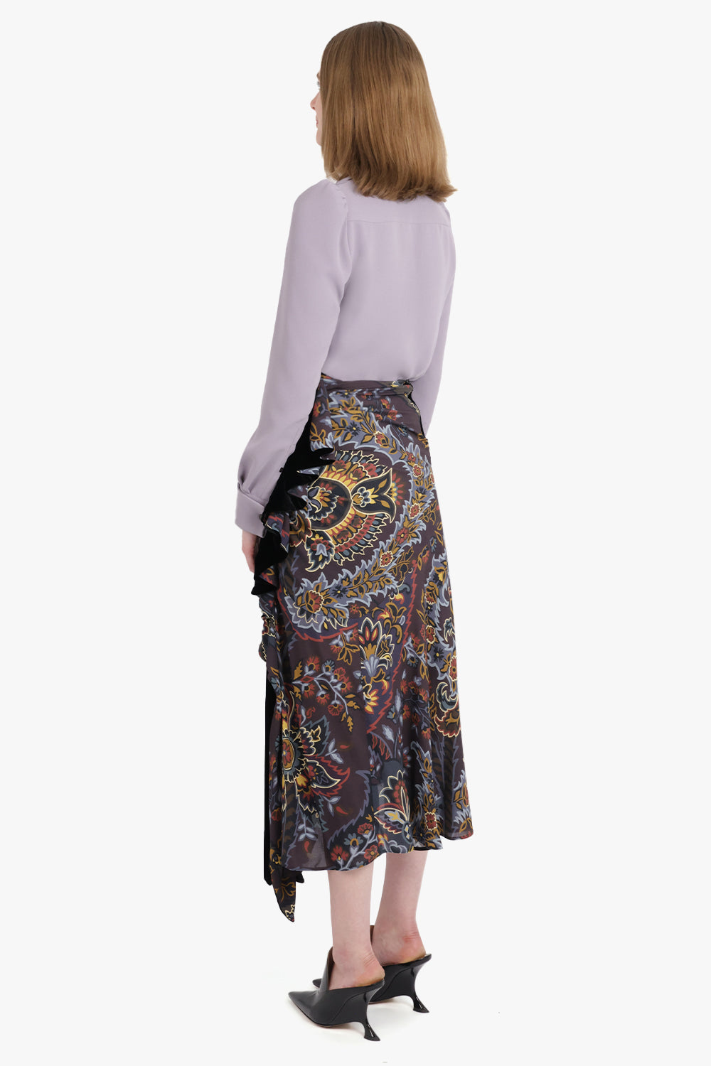 ETRO RTW Draped Velvet Contrast Floral Print Midi Skirt | Black/Multi