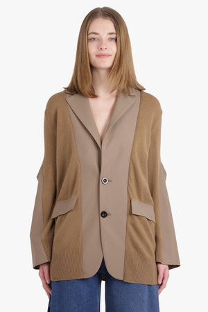 Cardigan x Suiting Jacket with Balloon Sleeves | Brown