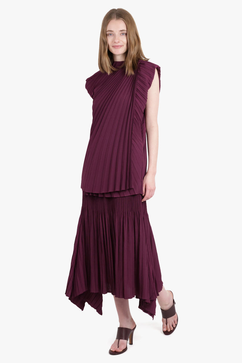 COLVILLE RTW Cerith S/S Pleat Asymmetric Drape Top | Mulberry Purple