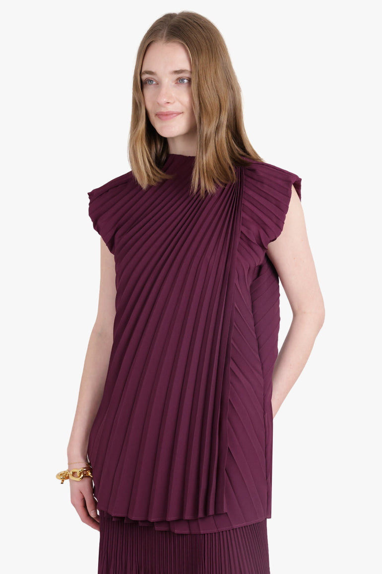 COLVILLE RTW Cerith S/S Pleat Asymmetric Drape Top | Mulberry Purple