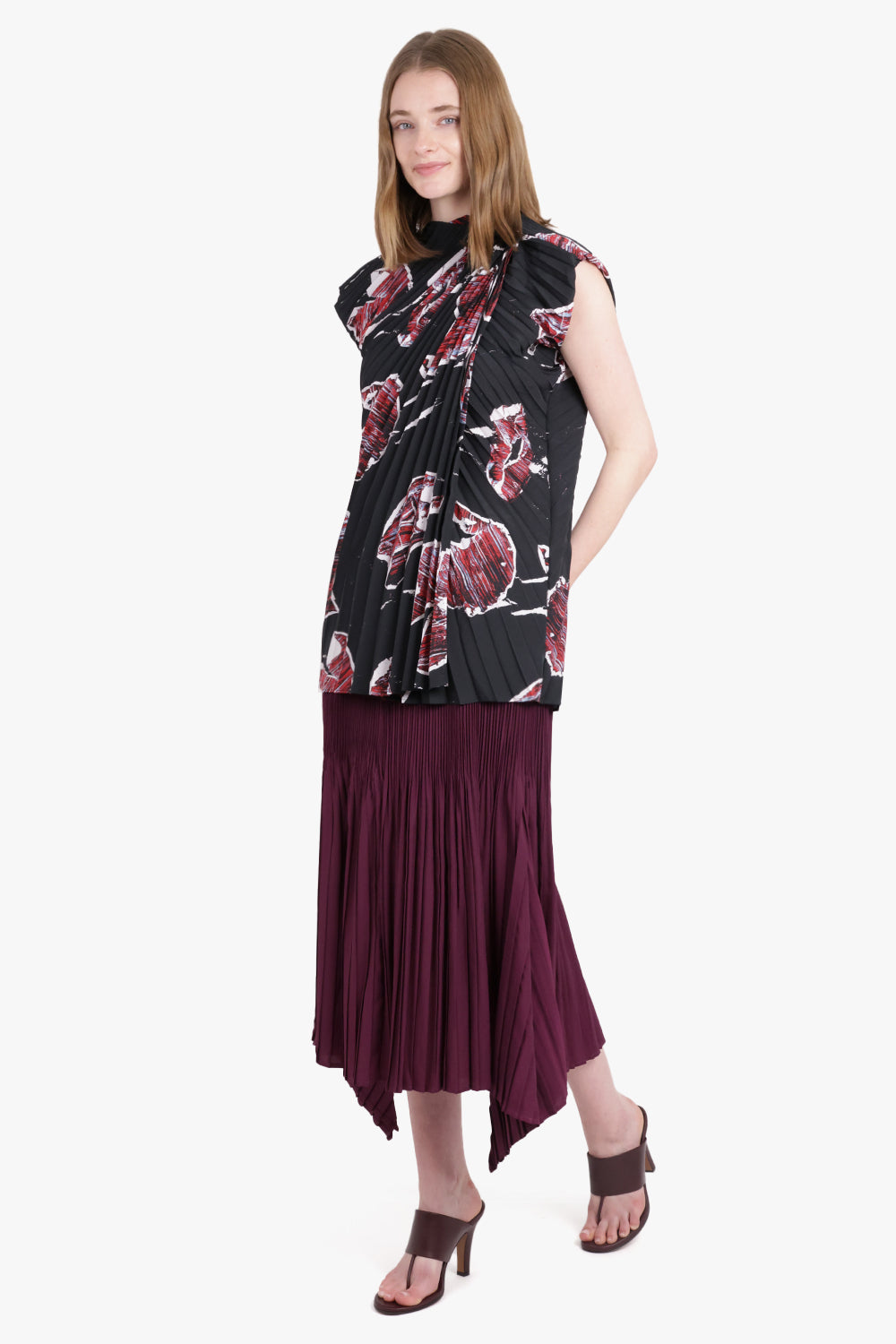 COLVILLE RTW Cerith Abstract Print S/S Pleat Asymmetric Drape Top | Black/Red/White