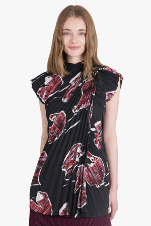 COLVILLE RTW Cerith Abstract Print S/S Pleat Asymmetric Drape Top | Black/Red/White