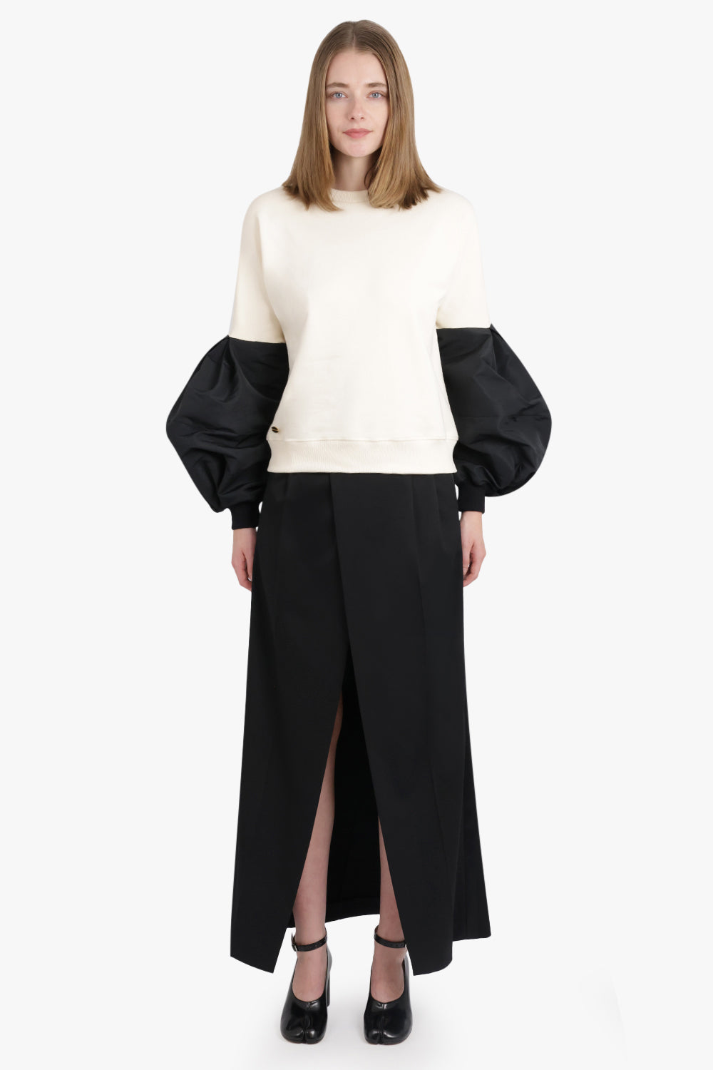 NINA RICCI RTW Crewneck L/S Sweatshirt With Balloon Sleeves | Cream/Black