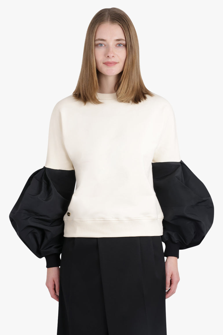 NINA RICCI RTW Crewneck L/S Sweatshirt With Balloon Sleeves | Cream/Black