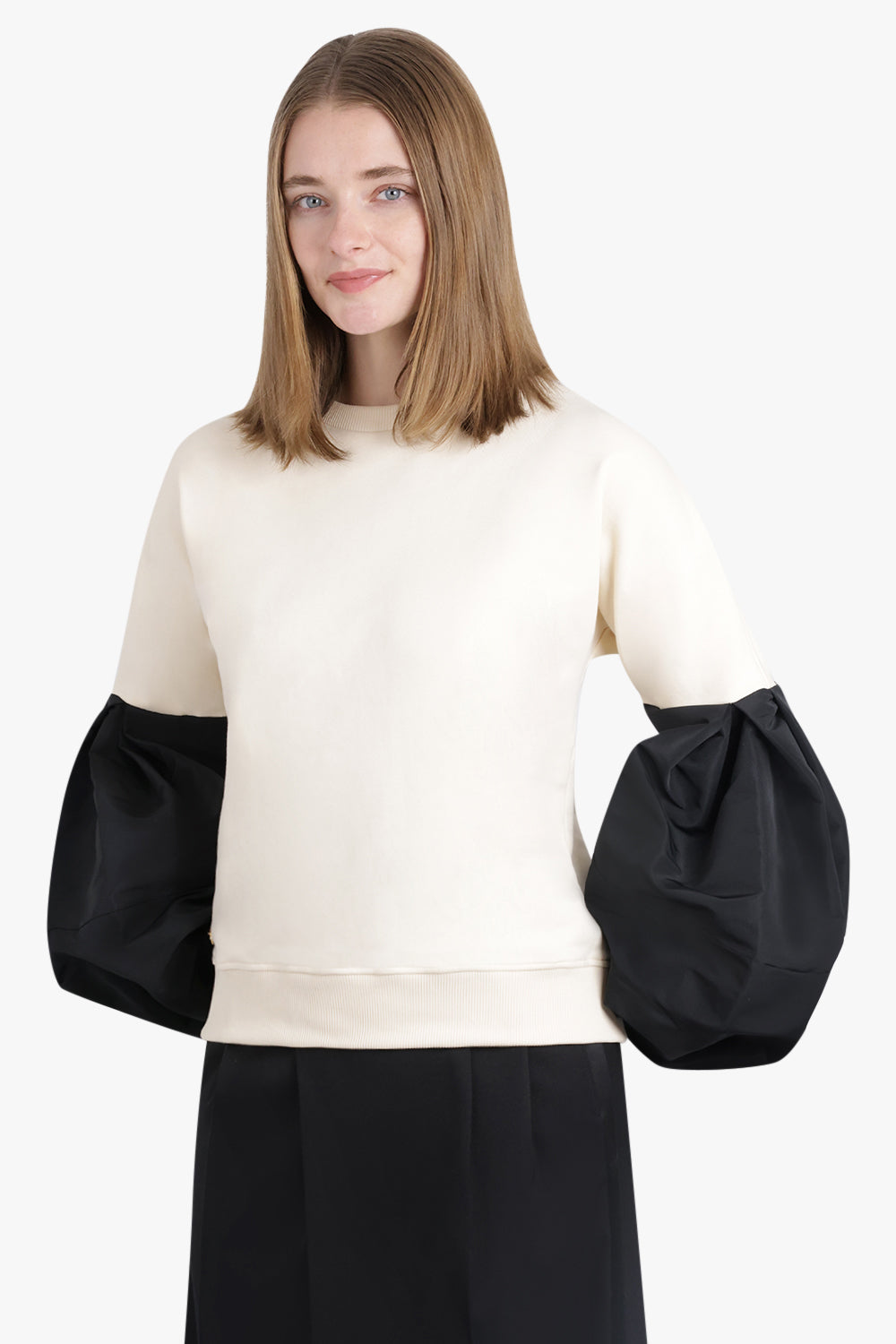 NINA RICCI RTW Crewneck L/S Sweatshirt With Balloon Sleeves | Cream/Black