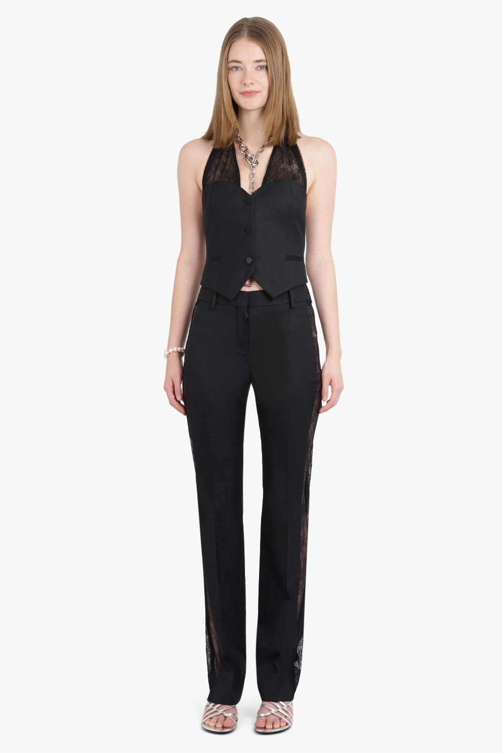 NINA RICCI RTW Lace Side Panel Straight Leg Pant | Black