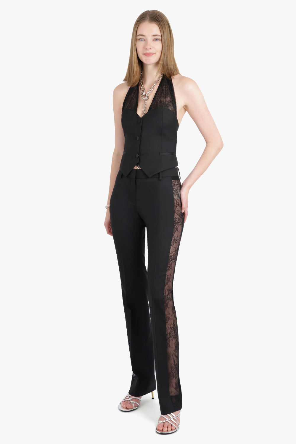 NINA RICCI RTW Lace Side Panel Straight Leg Pant | Black