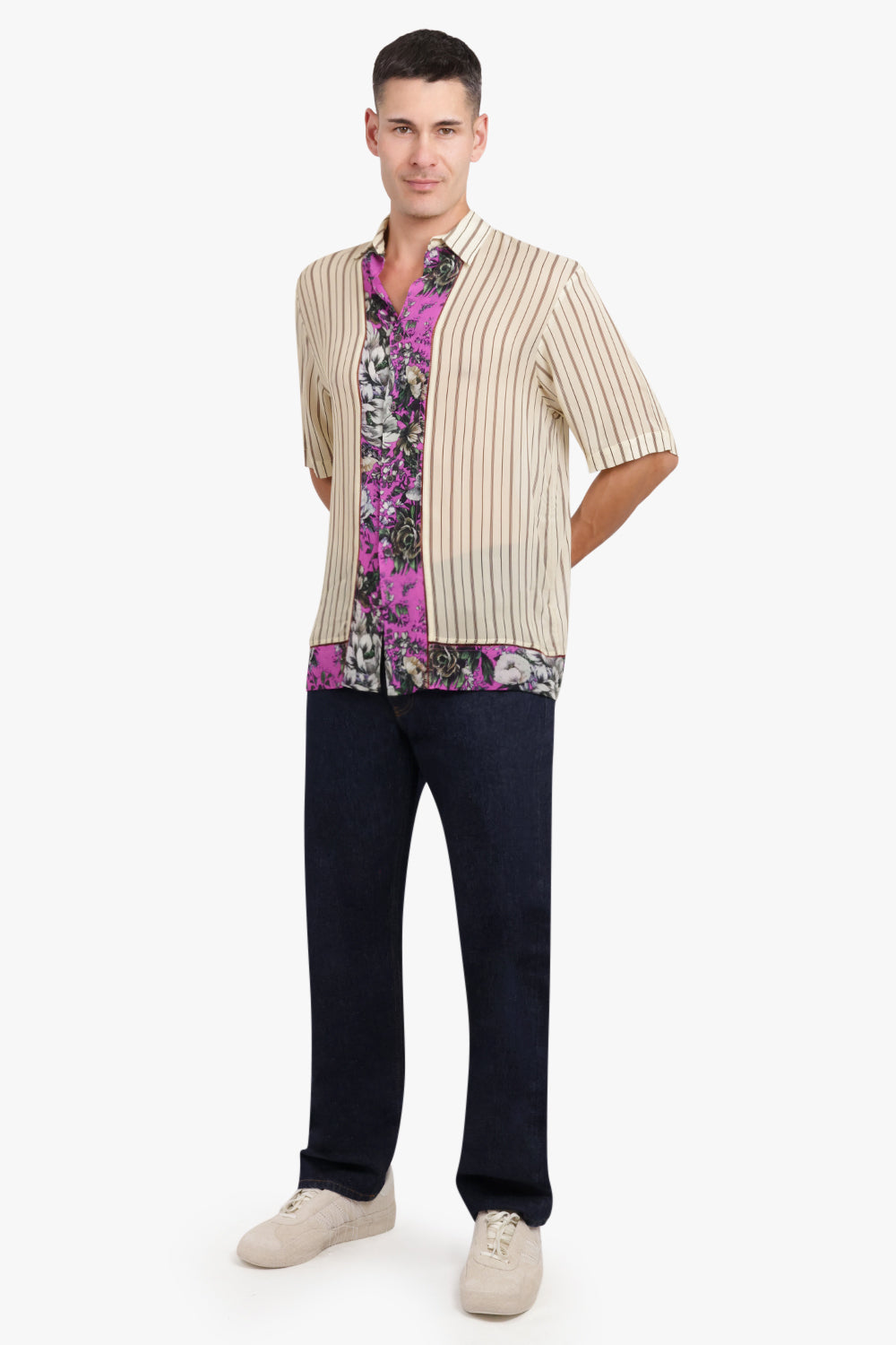 DRIES VAN NOTEN RTW CLASEN CONTRAST FLORAL STRIPE S/SLV SHIRT | ECRU/FUCHSIA