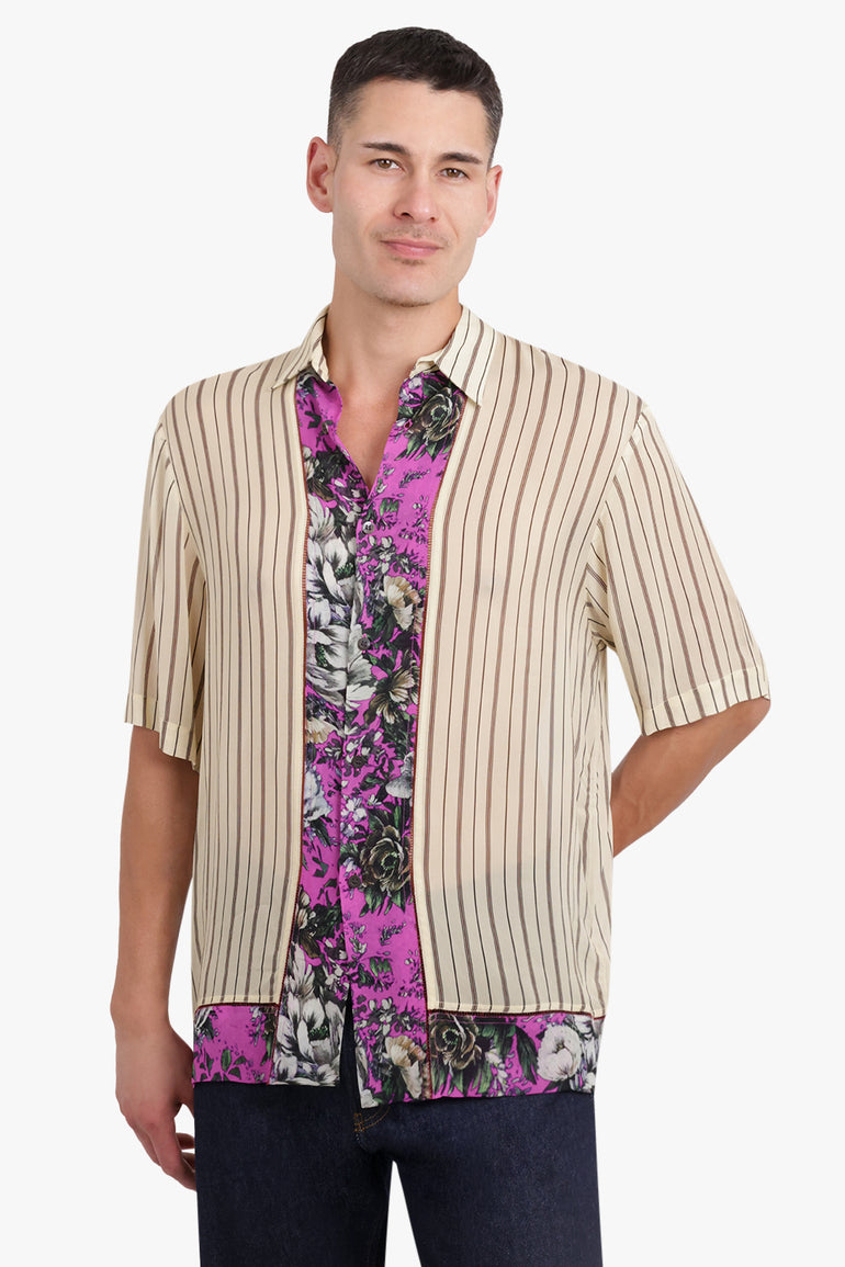 DRIES VAN NOTEN RTW CLASEN CONTRAST FLORAL STRIPE S/SLV SHIRT | ECRU/FUCHSIA