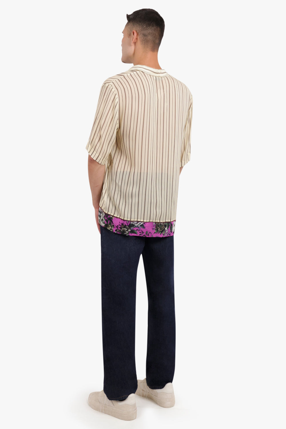 DRIES VAN NOTEN RTW CLASEN CONTRAST FLORAL STRIPE S/SLV SHIRT | ECRU/FUCHSIA