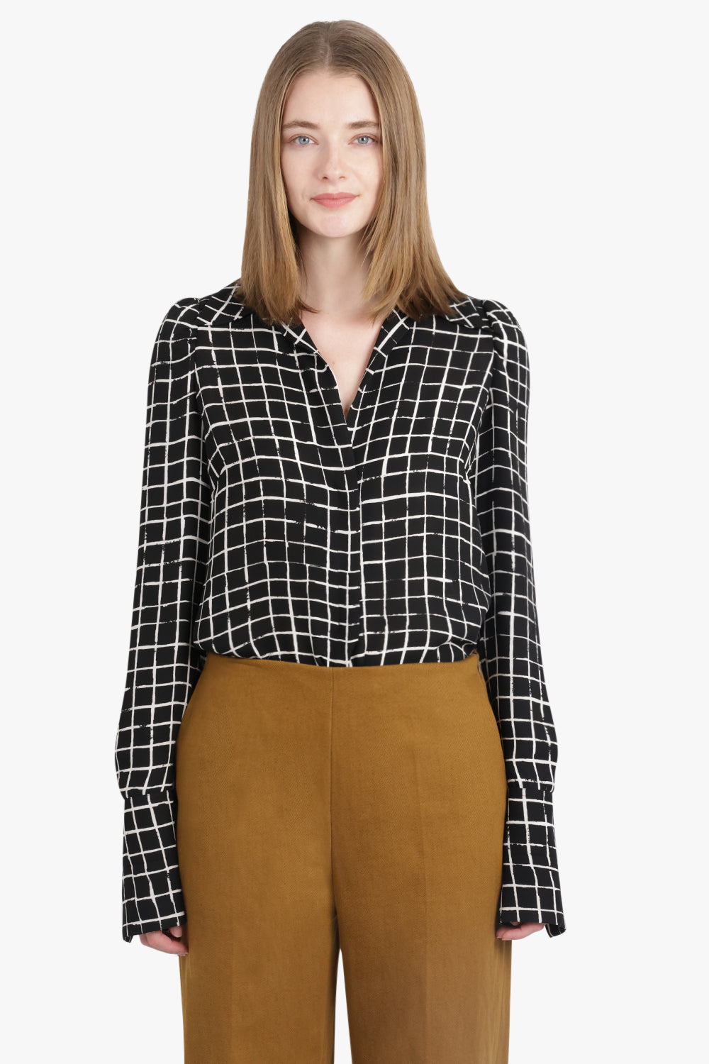 DRIES VAN NOTEN RTW Celindra Check Print L/S Shoulder Detail Shirt | Black/White